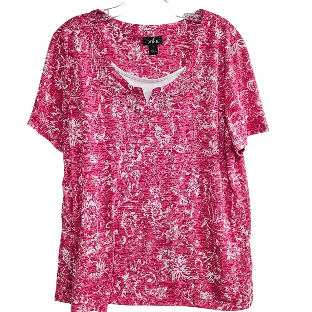 Erika Womens XL Pink White Floral Burnout Studded Split Neck Short Sleeve Top